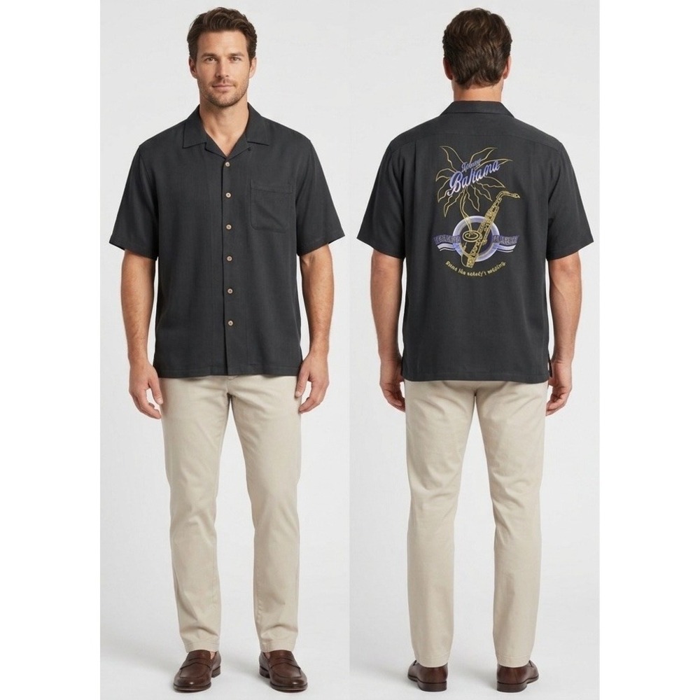 Tommy Bahama Silk Camp Shirt Mens XL Black Embroidered Saxophone Palm Tree Jazz
